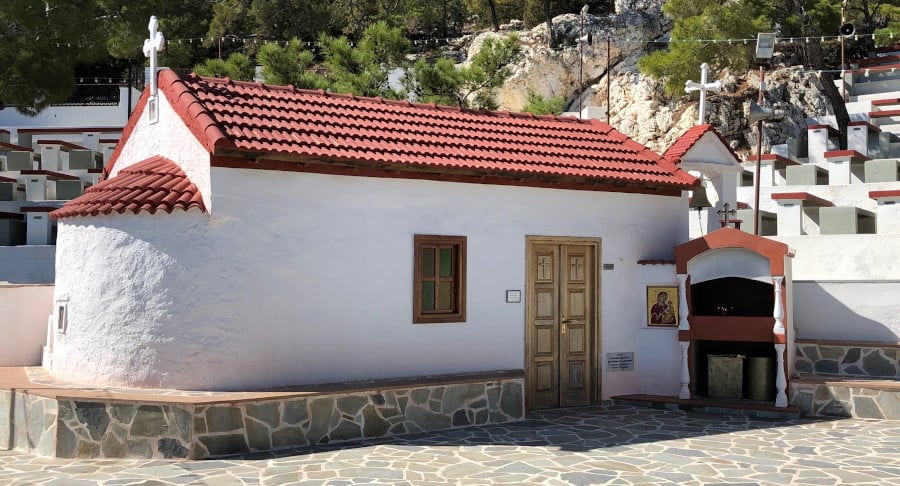 Karpathos, Festival of Larniotissa - Gastronomy Tours the monastery of Larniotissa surrounded by stone pavement commemorate Festival on the eve of Larniotissa, at Karpathos, Greece