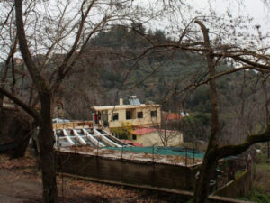 far view of building and ponds fish crops at G-Fish surrounded by trees and mountains