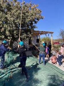 A group of people with children participate at acorns harvest-Gastronomy Tours