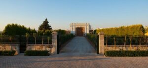 Gikas winery building seen from the front and the entrance has lawn green, fence and stone walkway