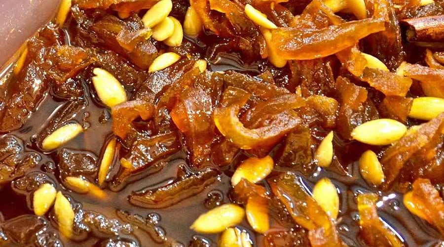 Koufeto of Milos - Gastronomy Tours close-up of Greek ‘koufeto of Milos’, a spoon sweet, with pumpkin, sugar, honey, almonds and lemon juice