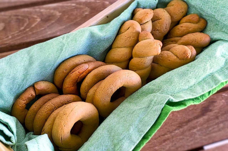 Ladokouloura - Gastronomy Tours Close-up of rows of ‘Ladokouloura’ means crunchy pretzels sitting upright