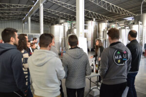 tourists visiting wine storage tanks at Esti Wines facilities