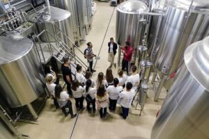 view from above of a group of tourists listening to a man giving a tour at Pineios Brewery plant