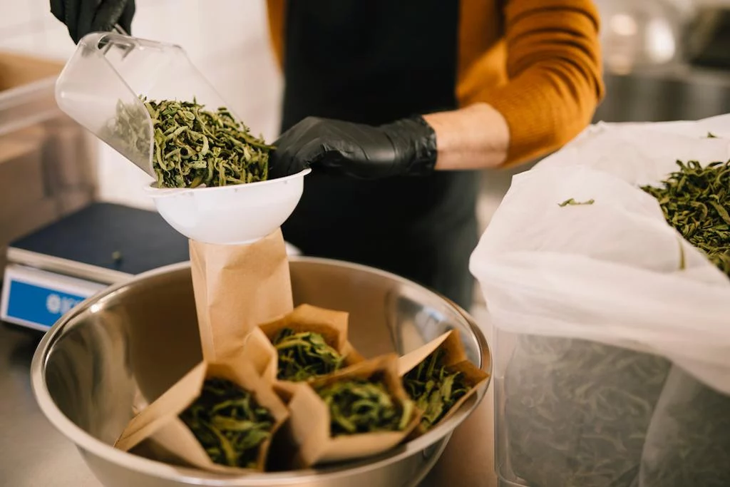 Rhoeco Fine Organic Goods Awards - Gastronomy Tours Close-up of a woman putting labels on paper packets of dried herbs at Rhoeco Fine Organic Goods laboratory|