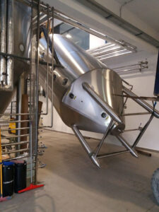 aluminum beer tanks at Cretan Brewery plant