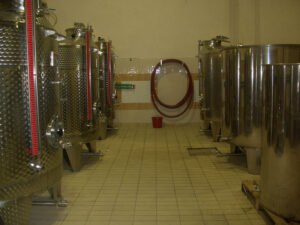 aluminum wine storage tanks at 'Domaine Karanika' facilities
