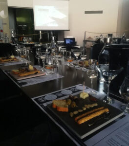 table at 'Dorodouli Tsipouro' tasting room with glasses and aperitifs