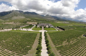 far view of 'Ktima Biblia Chora' surrounded by plants and green lawn and vineyards and mountains in the background