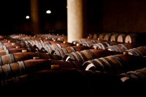 lying wooden barrels in a row at 'Ktima Karipidis' cellar
