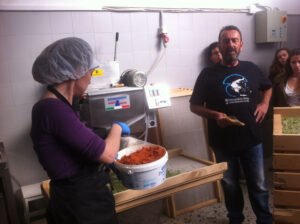 a group of pupils watching a woman using pasta machine at Mushrooms Products of Grevena plant
