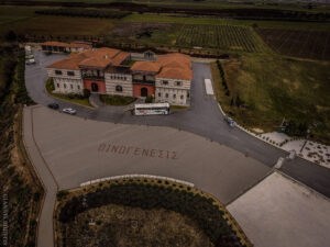 'Oenogenesis Estate' frome above surrounded by pavement and trees and vineyards